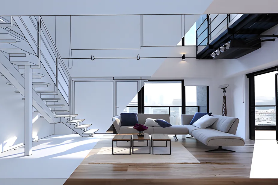 Transición de un plano en línea a una vista previa 3D fotorrealista de una sala — imagen ilustrativa